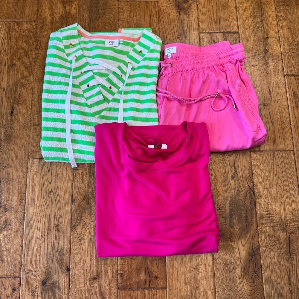 Lot of 3 Crown & Ivy Beach Tunic, Puff Sleeve Shirt, Capris Pink Green Sz L/XL